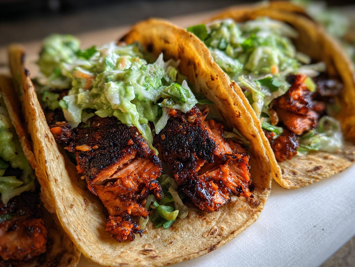 Close-up of three delicious salmon tacos filled with blackened salmon, creamy avocado slaw, and served in soft tortillas.