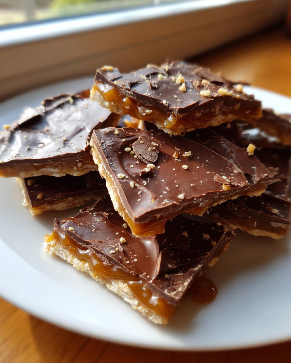 Close-up of stacked pieces of saltine cracker toffee with chocolate and caramel layers, sprinkled with nuts.