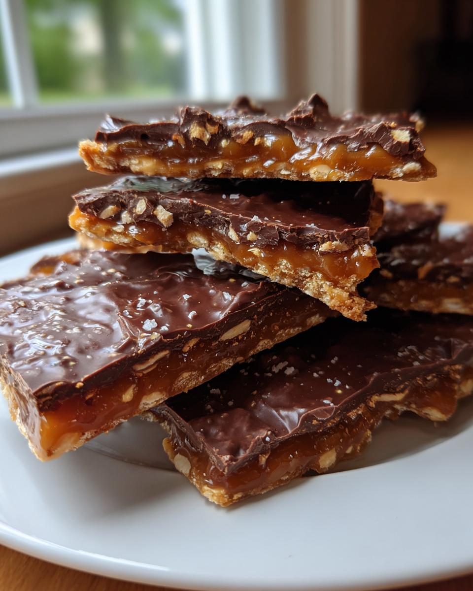 A stack of homemade saltine cracker toffee squares topped with chocolate and sea salt.