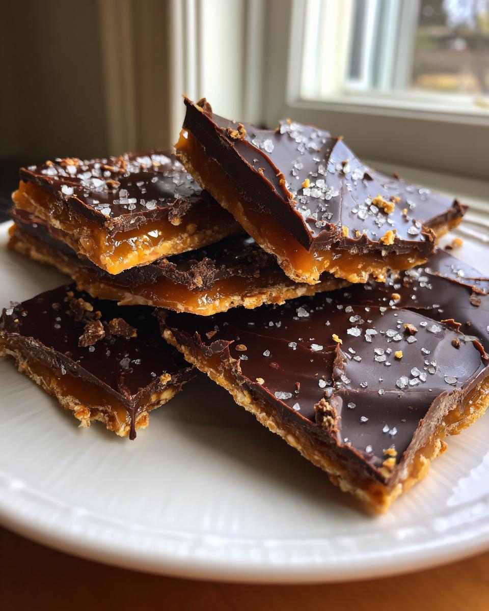 Close-up of stacked pieces of saltine cracker toffee topped with dark chocolate and flaky sea salt.