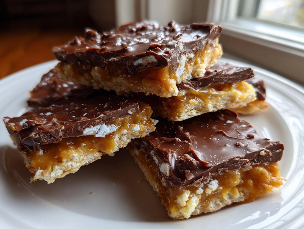 Close-up of stacked saltine cracker toffee bars showing the cracker base, caramel layer, and chocolate topping.