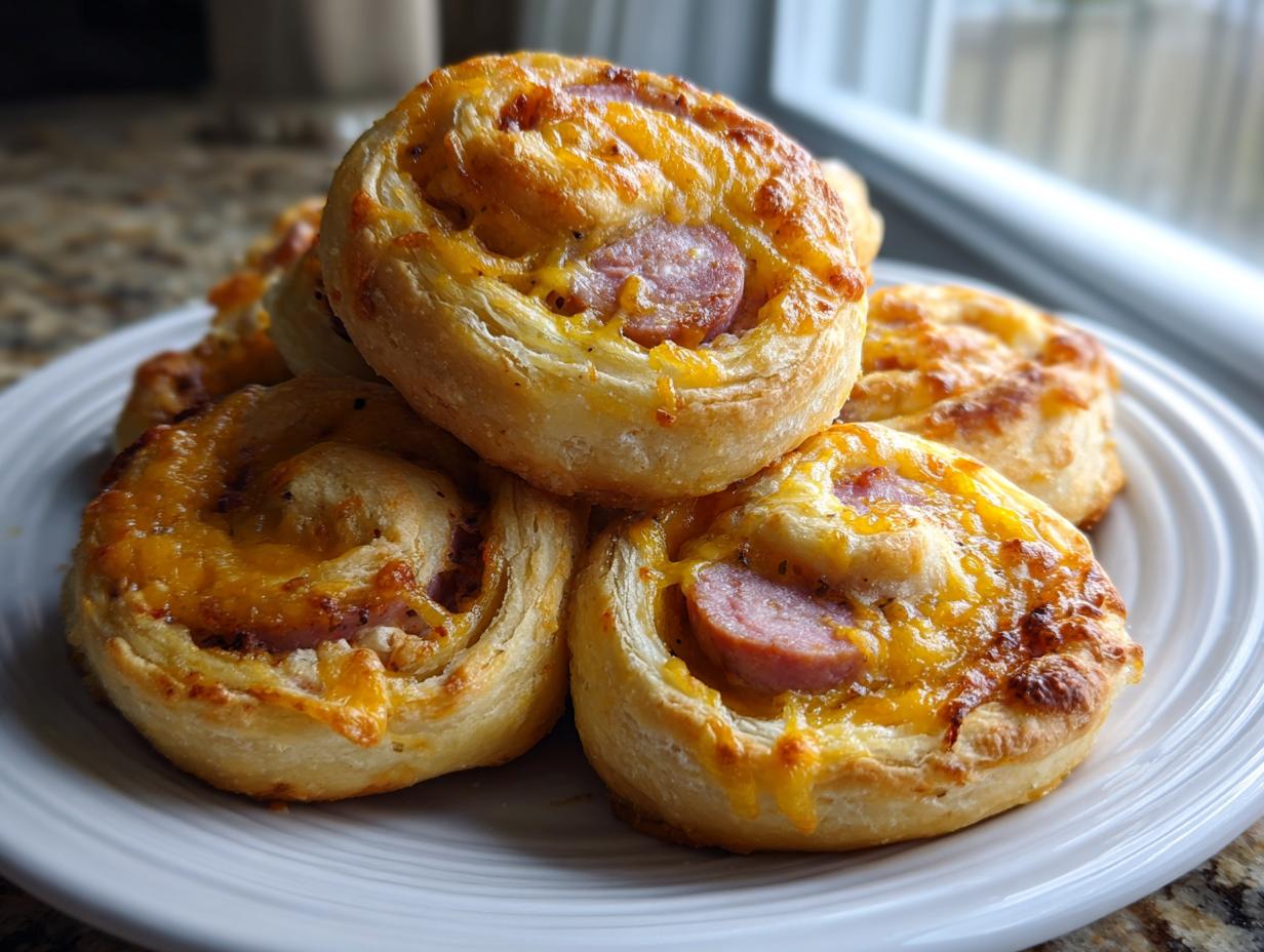 A stack of freshly baked sausage pinwheels topped with melted cheddar cheese on a white plate.