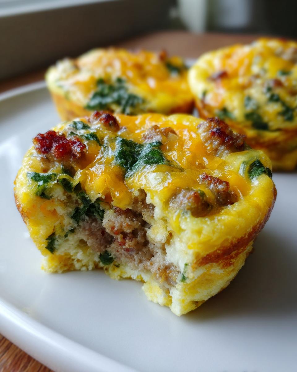 Close-up of a savory egg muffin filled with sausage and spinach, topped with melted cheese, with a bite taken out to show the texture of this amazing egg muffin.