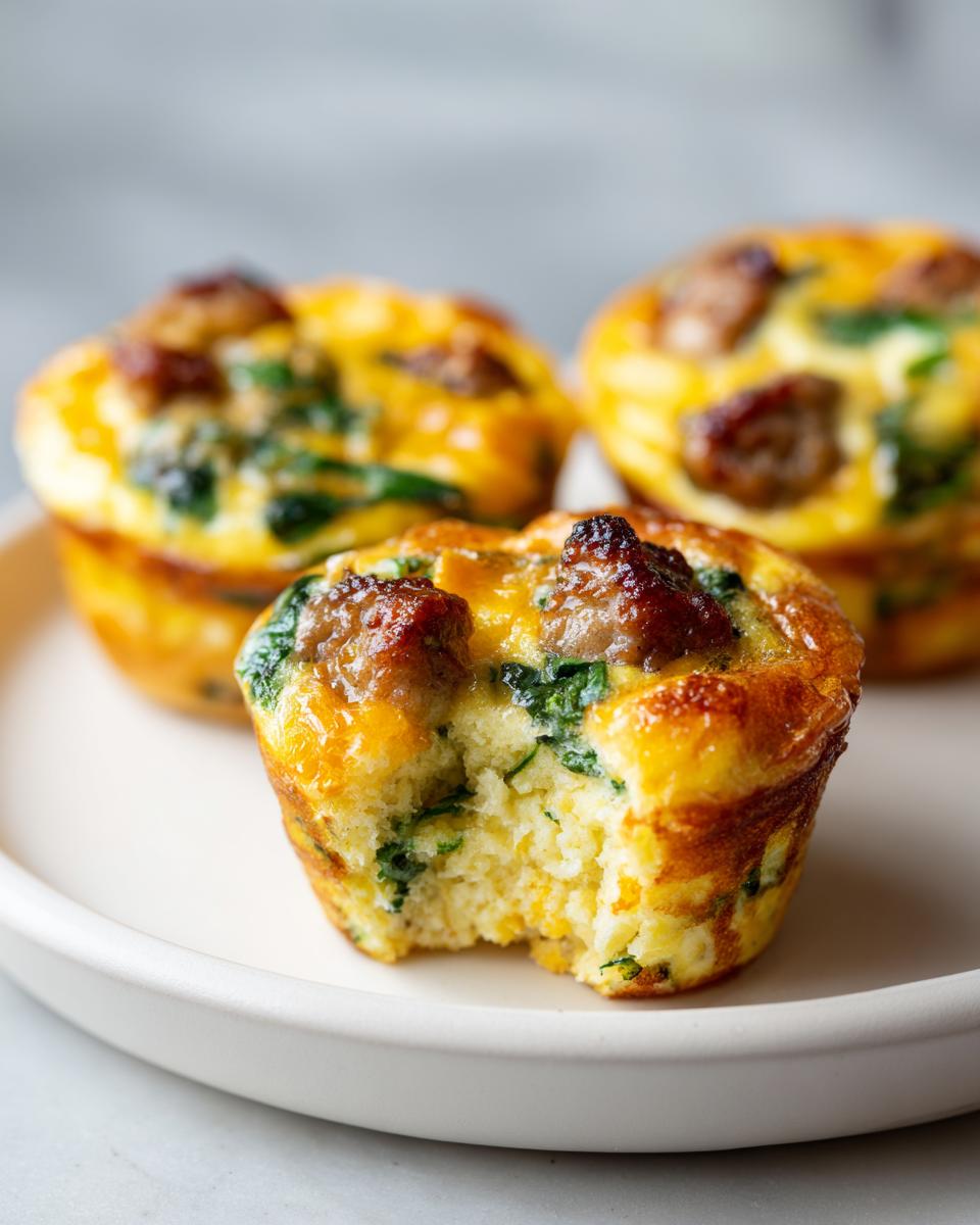Close-up of a sausage and spinach egg muffin with a bite taken out, showing the fluffy interior.