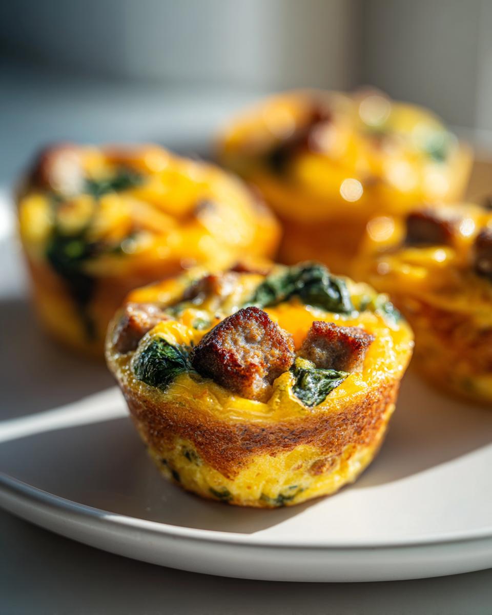 A close-up of a freshly baked sausage and spinach egg muffin sitting on a white plate, highlighting the golden brown edges.