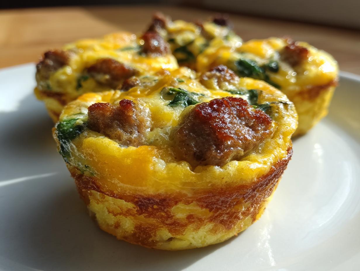 Close-up of three freshly baked sausage and spinach egg muffin cups on a white plate.