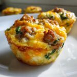 Close-up of a freshly baked, savory egg muffin topped with browned sausage crumbles and visible spinach pieces.
