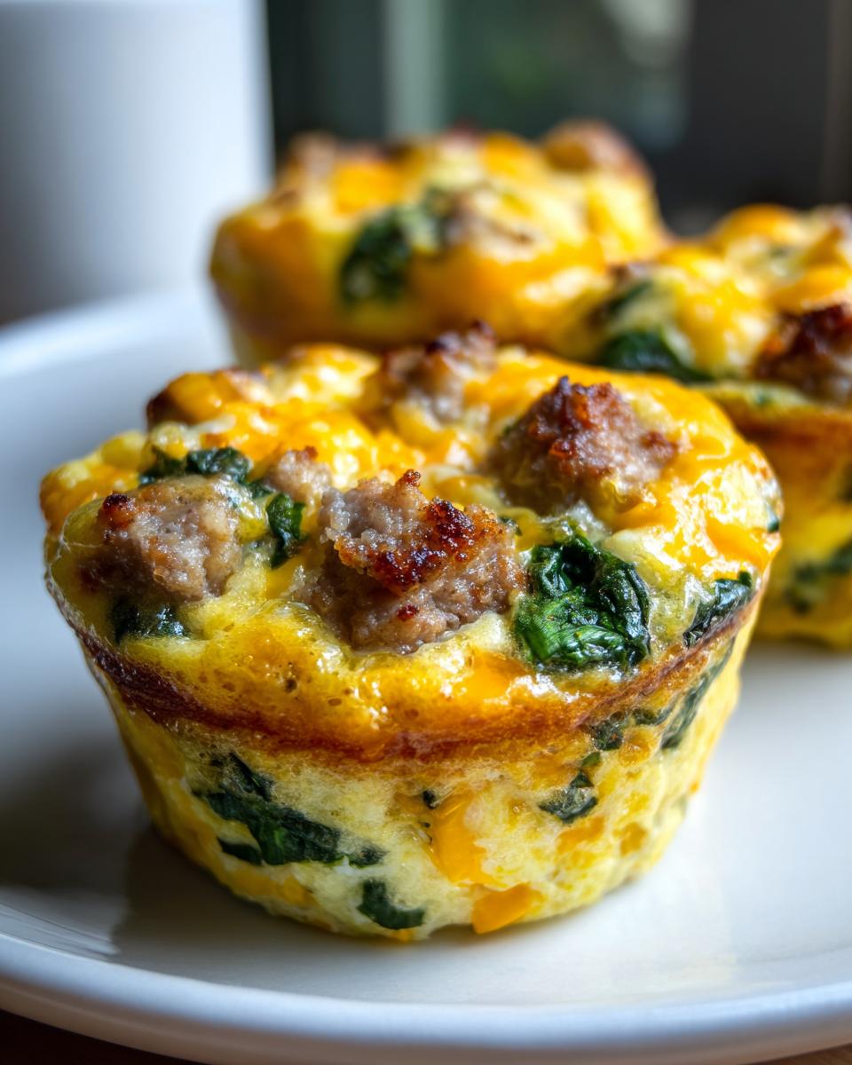 A close-up shot of a freshly baked sausage and spinach egg muffin showing melted cheese and browned sausage topping.