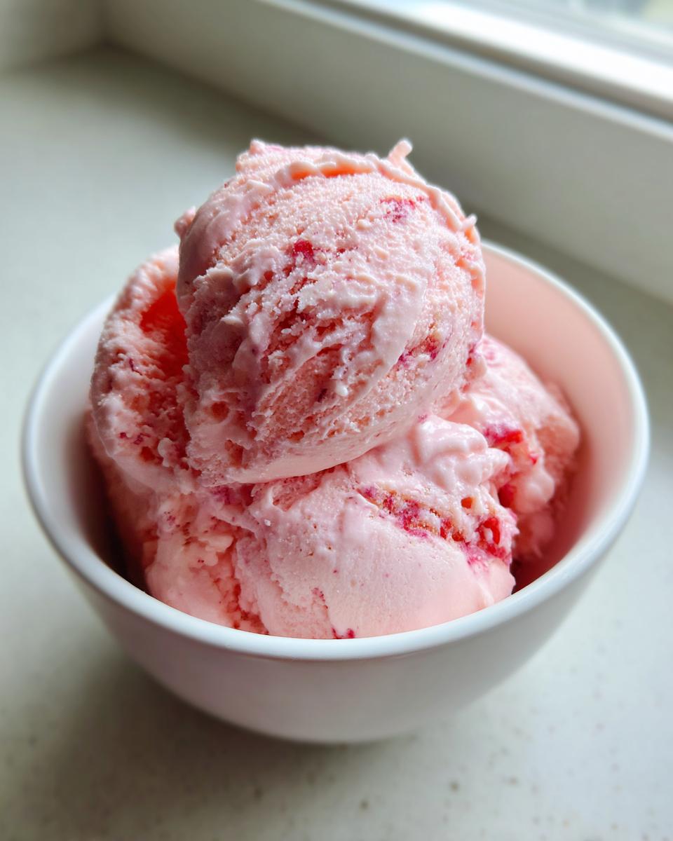 Close-up of three scoops of pink strawberry ice cream with visible fruit pieces in a white bowl.