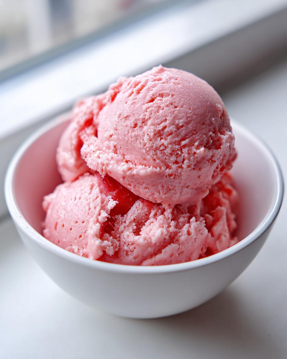 Close-up of three scoops of bright pink strawberry ice cream served in a small white bowl near a window.