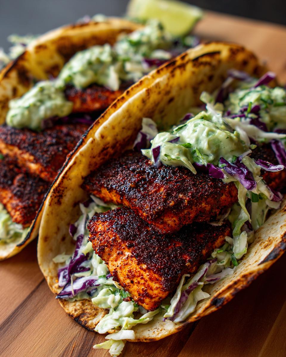 Close-up of two delicious salmon tacos filled with blackened seasoned salmon, purple and green slaw, and creamy green sauce.