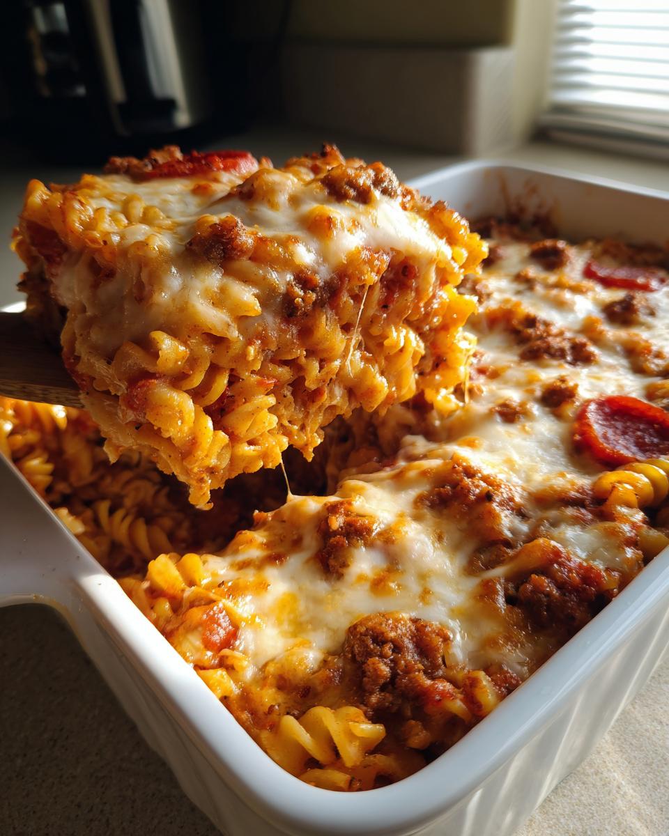 A serving spoon lifts a cheesy portion of pizza pasta bake from a white casserole dish.