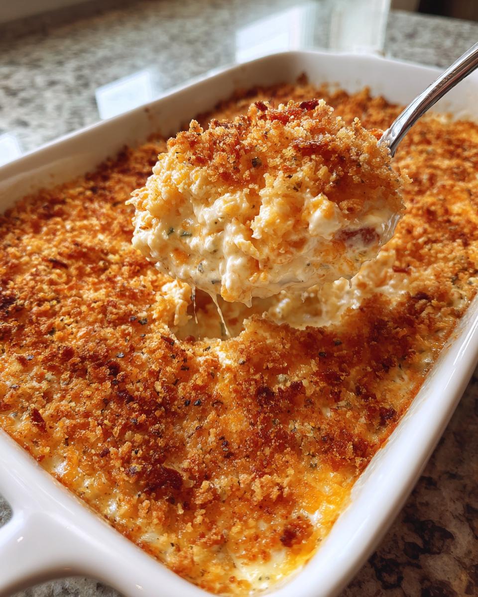 A spoonful of creamy, cheesy popper dip being lifted from a white baking dish topped with golden brown breadcrumbs.