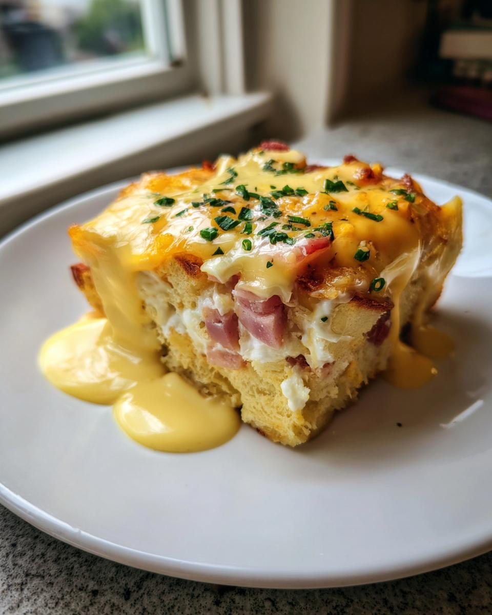 A square serving of eggs benedict casserole topped with melted cheese, hollandaise sauce, and chives on a white plate.