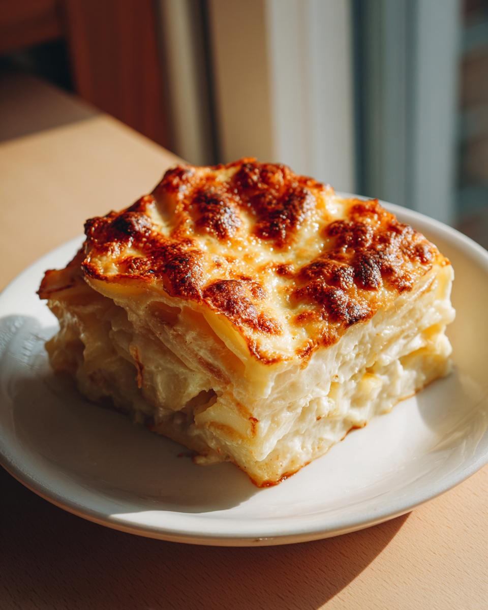 A square serving of creamy potatoes au gratin with a deeply browned, cheesy top, sitting on a white plate.