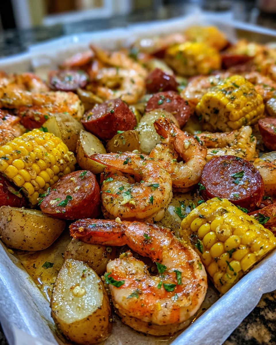 Close-up of seasoned shrimp, sausage slices, potatoes, and corn on the cob from a sheet pan shrimp boil.