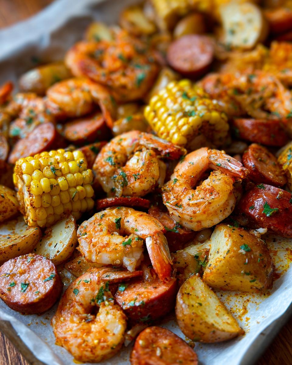 Close-up of seasoned shrimp, corn on the cob pieces, sausage slices, and potatoes ready for a shrimp boil.