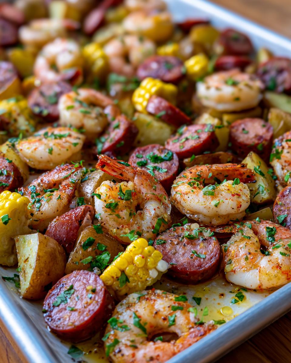 Close-up of a sheet pan shrimp boil featuring seasoned shrimp, sliced sausage, potatoes, and corn on the cob.