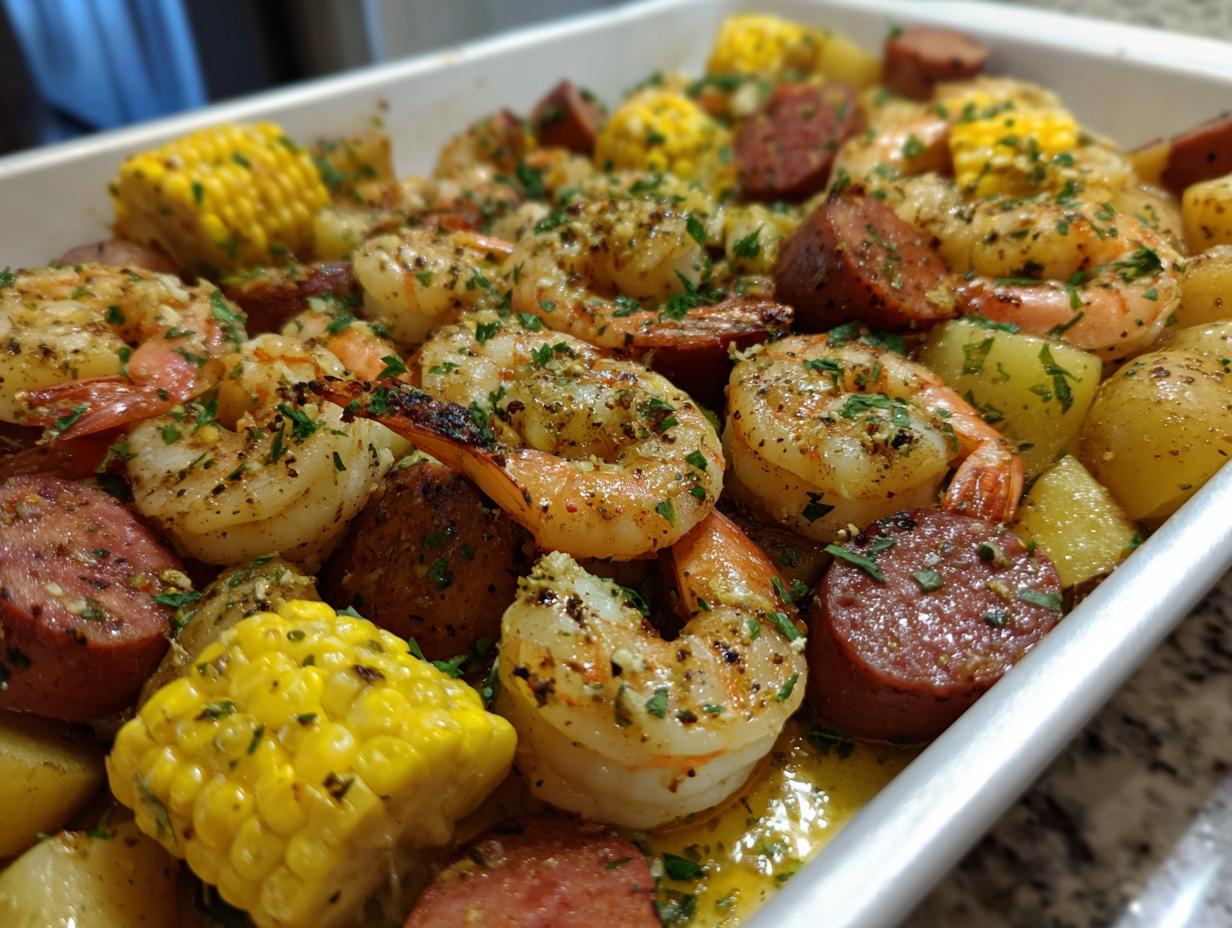 Close-up of a sheet pan shrimp boil featuring seasoned shrimp, smoked sausage, corn on the cob, and potatoes.