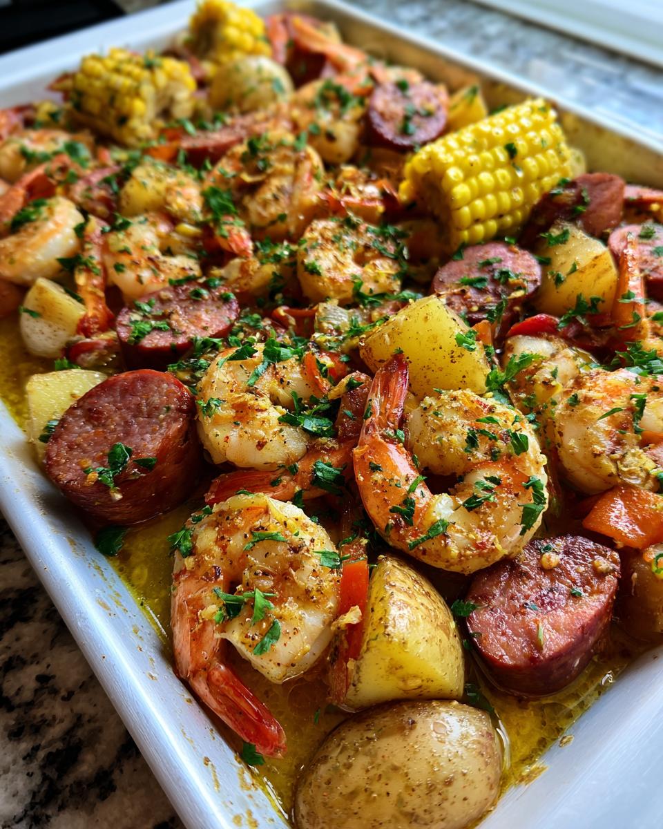 Close-up of a flavorful sheet pan shrimp boil featuring seasoned shrimp, sliced sausage, potatoes, and corn on the cob.