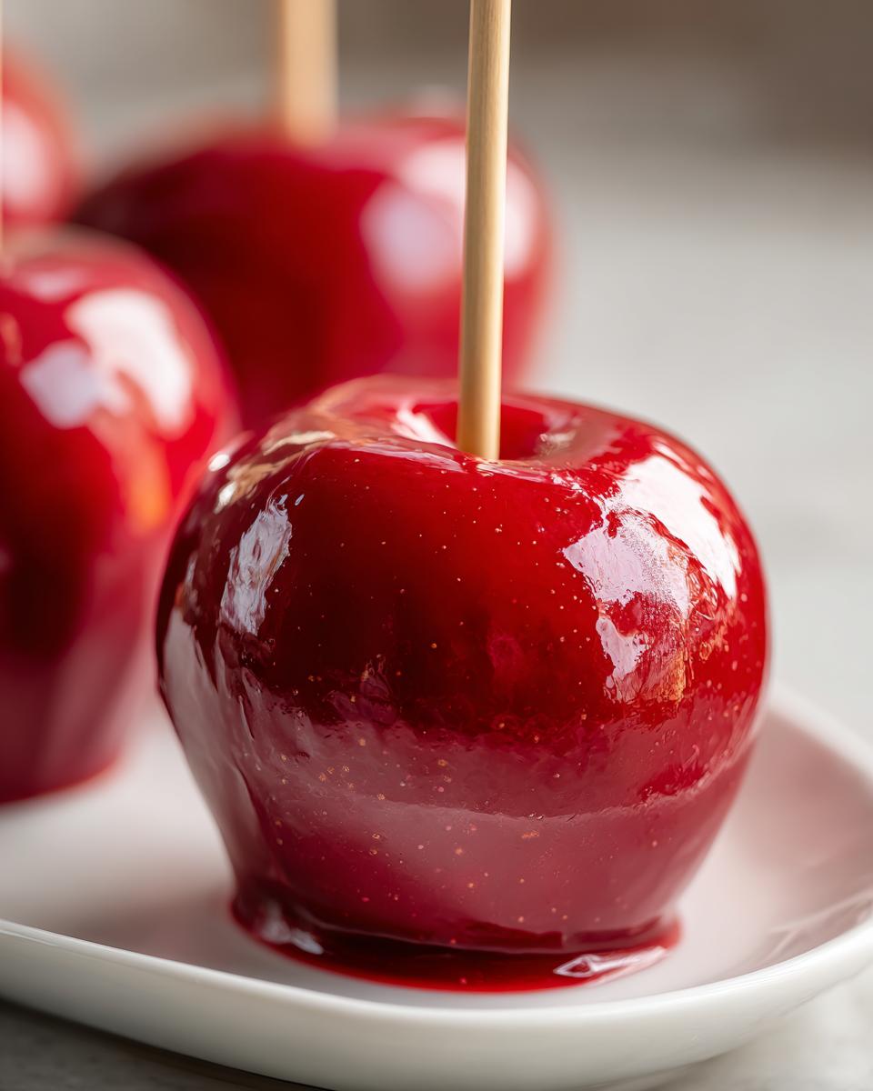 A close-up of a perfectly coated, shiny red candy apple with a wooden stick, resting on a white plate.