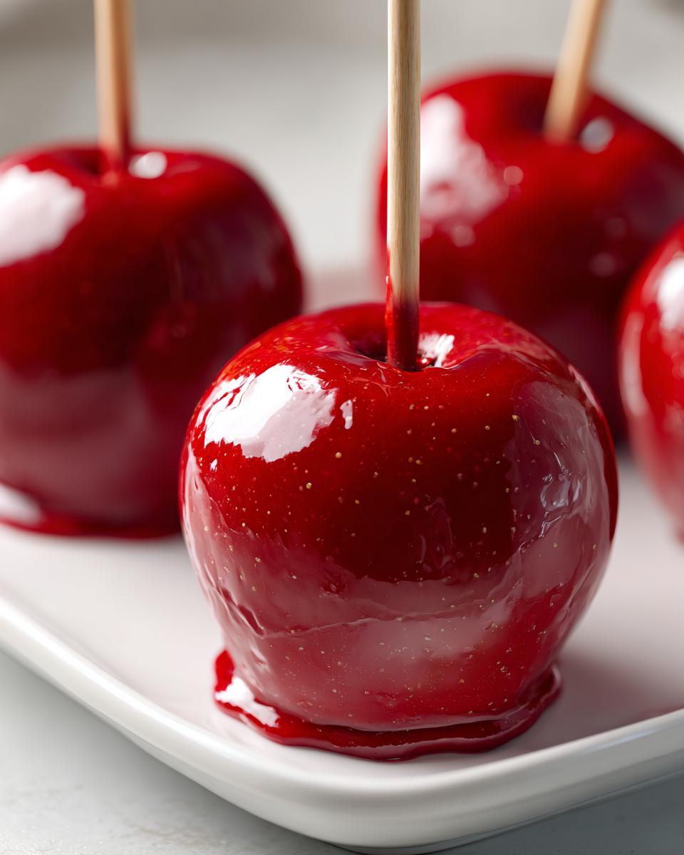 Close-up of a perfectly coated, glossy red candy apple with a wooden stick inserted, sitting on a white platter.