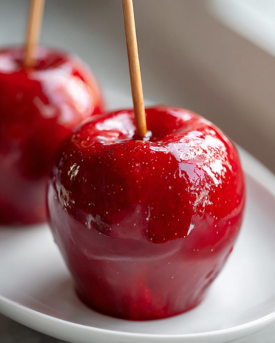 Close-up of a perfectly coated, shiny red candy apples on a white plate with a wooden stick inserted.