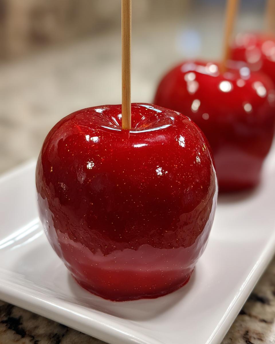 A close-up of a perfectly coated, shiny red candy apple with a wooden stick inserted, resting on a white rectangular plate.