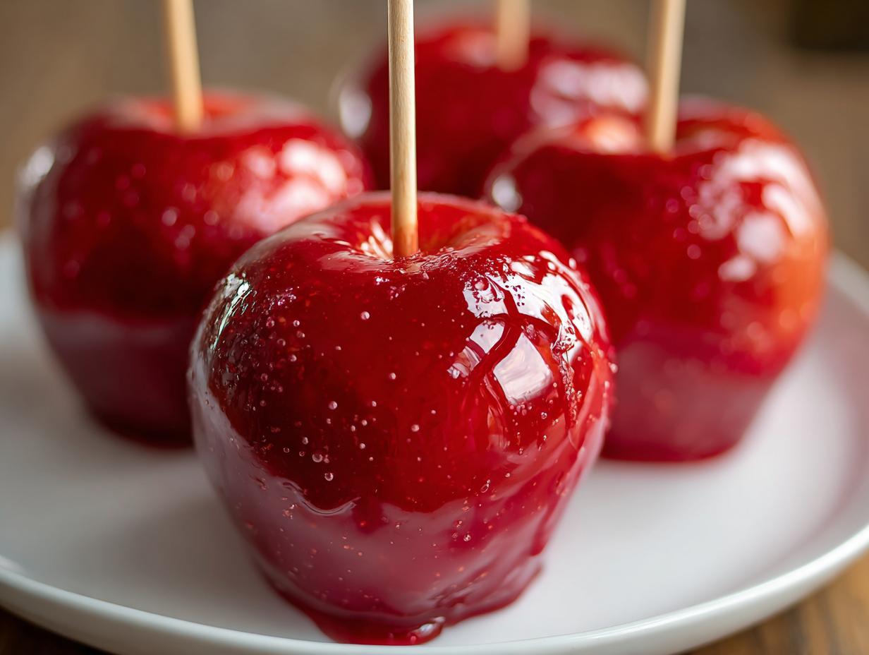 Four glossy, bright red candy apples with wooden sticks, glistening under light, ready to eat.
