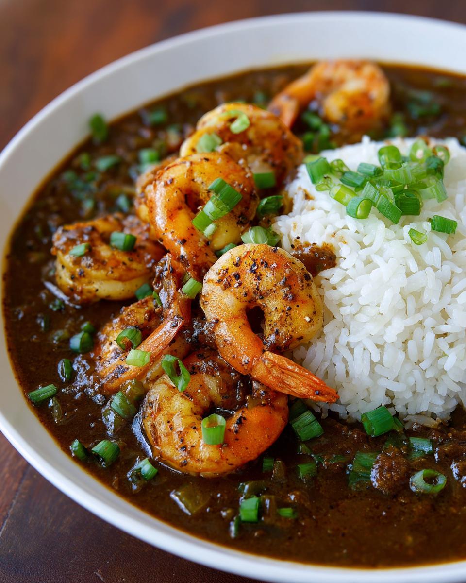 Close-up of a bowl of rich, dark shrimp etouffee served next to white rice and topped with fresh green onions.