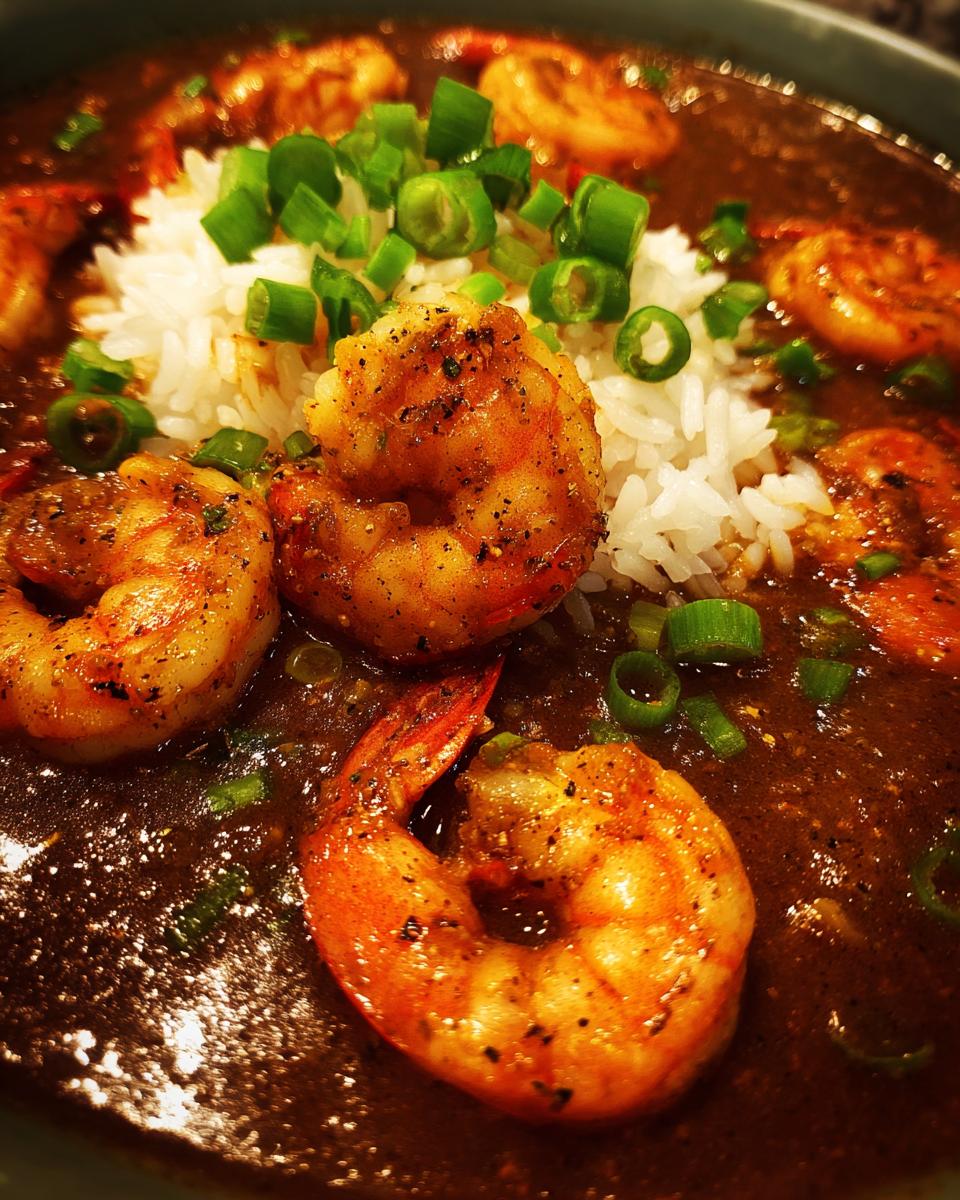 Close-up of rich, dark shrimp etouffee served over white rice and topped with bright green sliced scallions.