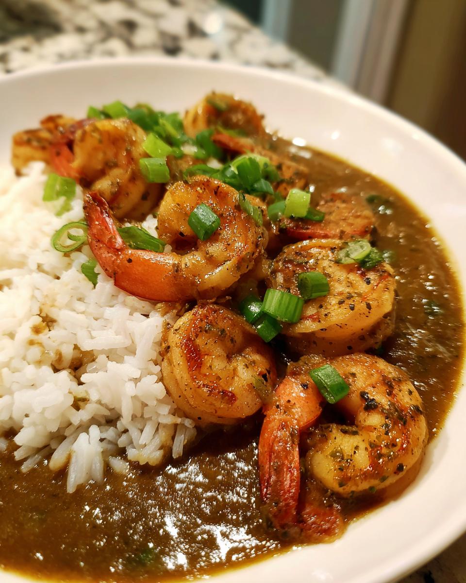 A close-up shot of rich shrimp etouffee served over white rice, topped with chopped green onions.