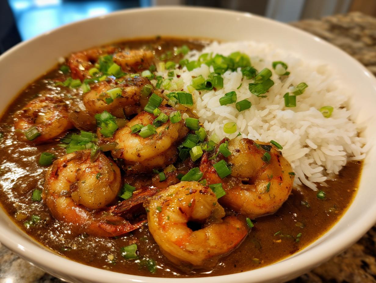 Close-up of a bowl of rich, dark shrimp etouffee next to a mound of white rice, garnished with chopped green onions.