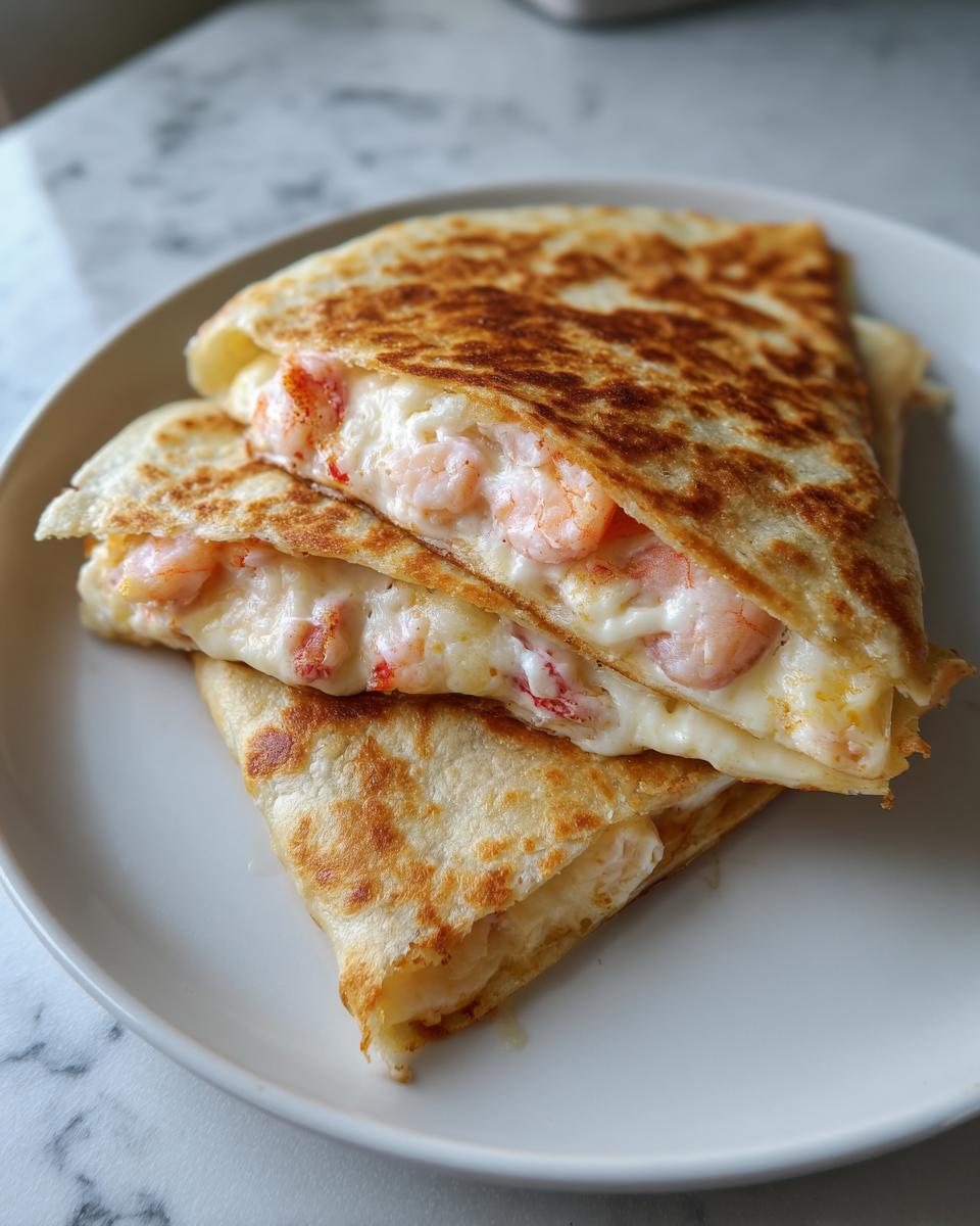 Close-up of a perfectly grilled shrimp quesadilla, cut into triangles, showing melted cheese and pink shrimp filling.