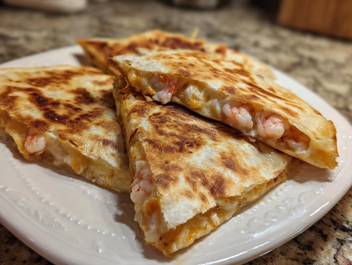 Close-up of golden-brown, grilled shrimp quesadilla wedges filled with melted cheese and visible pink shrimp.