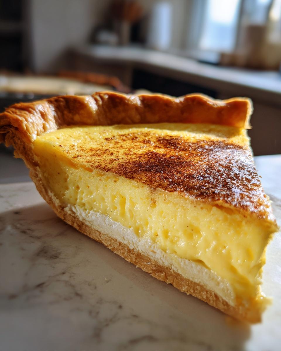 Close-up of a perfect slice of silky custard pie showing the crust, creamy filling, and cinnamon dusting.