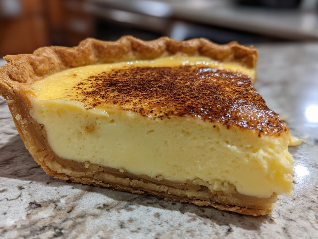 Close-up of a thick slice of creamy custard pie showing the flaky crust and nutmeg dusting.
