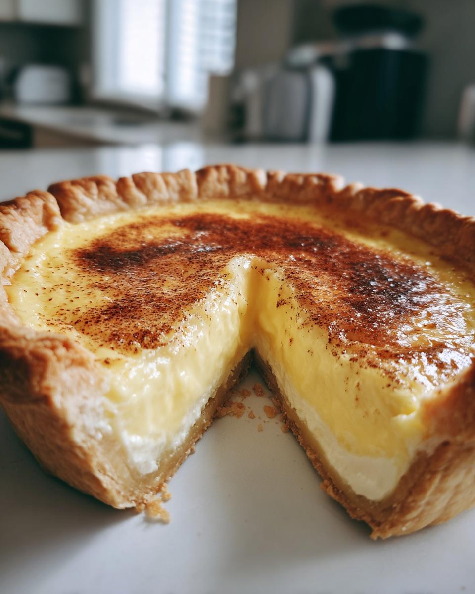 A slice removed from a silky custard pie showing the creamy filling and browned spice topping.