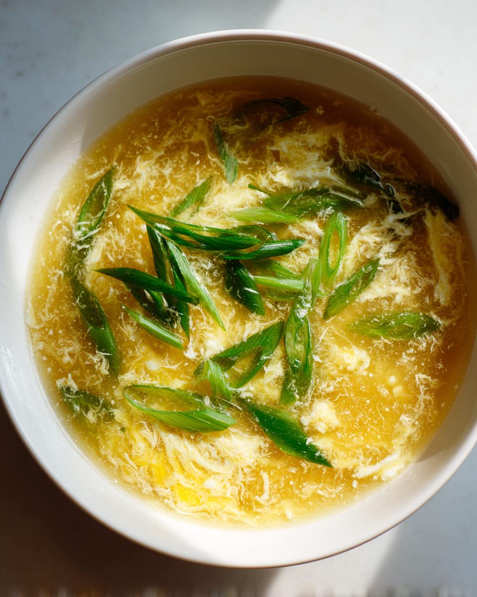 Overhead view of a white bowl filled with golden egg drop soup, topped with bright green sliced scallions.