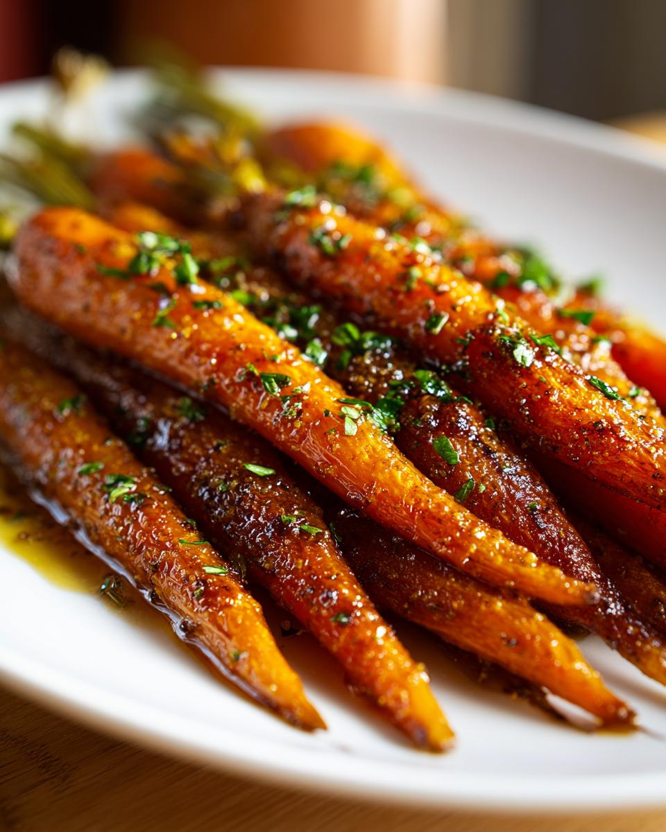 Close-up of perfectly caramelized roasted carrots, glistening with glaze and sprinkled with fresh parsley.