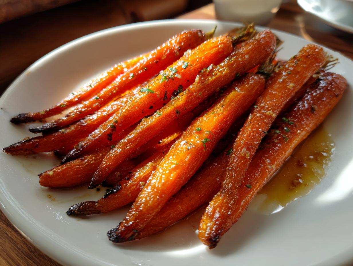 Close-up of glossy, caramelized roasted carrots seasoned with herbs on a white serving dish.
