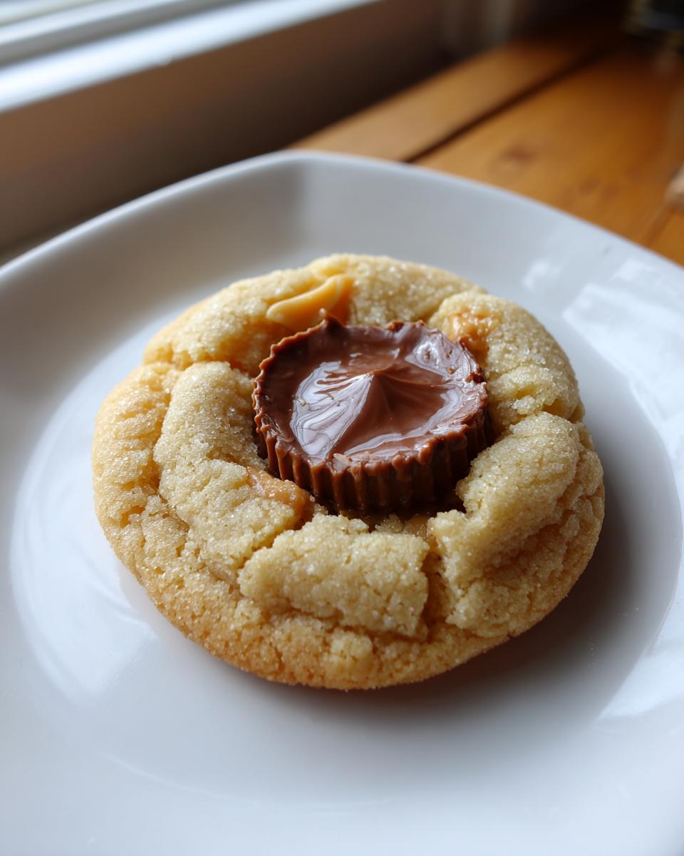 Close-up of a warm peanut butter cup cookie pressed with a melted peanut butter cup center.