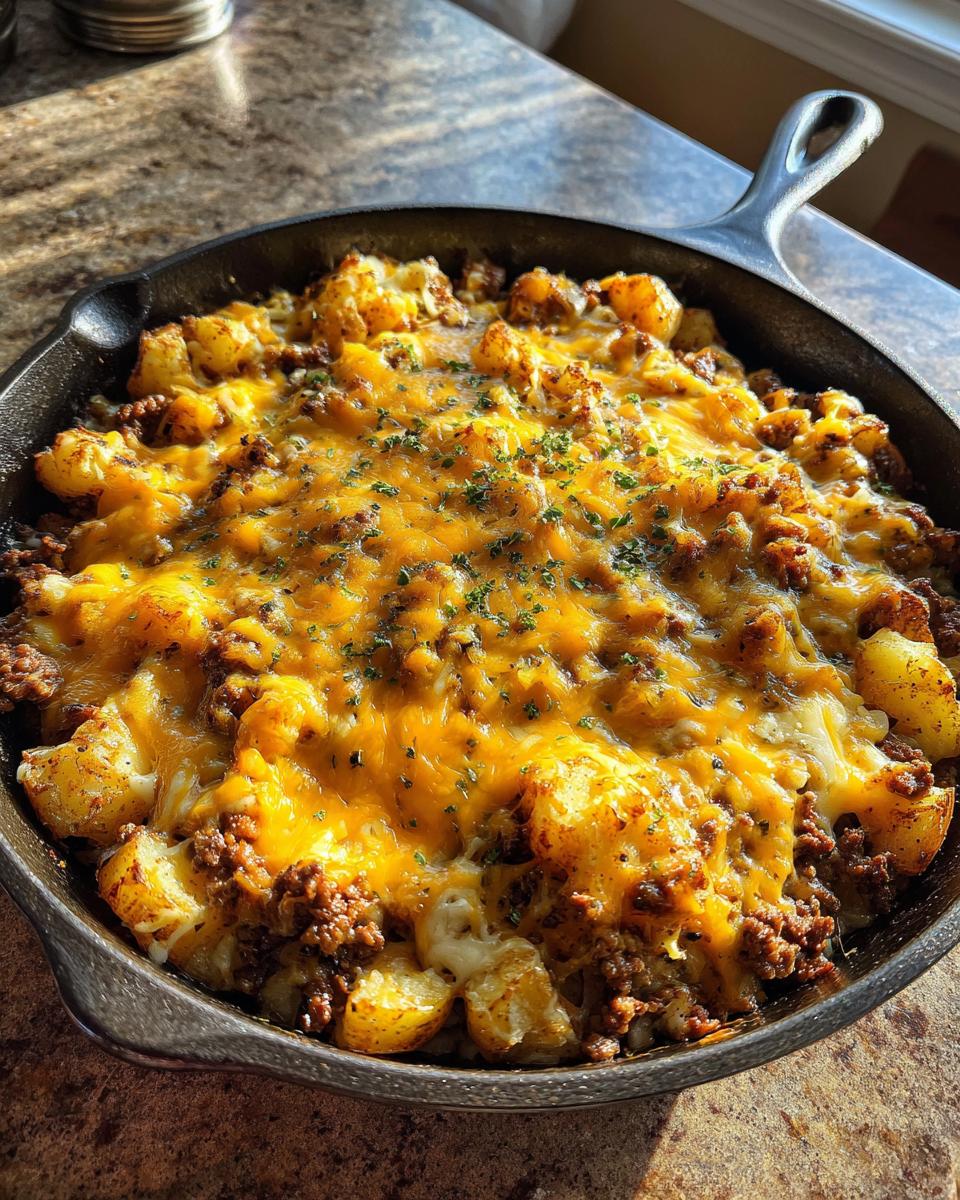 Close-up of Cheesy Taco Potatoes with seasoned ground meat and melted cheddar cheese in a cast iron skillet.