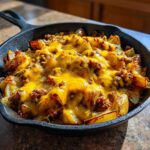 Close-up of Cheesy Taco Potatoes baked in a cast iron skillet, topped with melted cheddar cheese and seasoned ground beef.