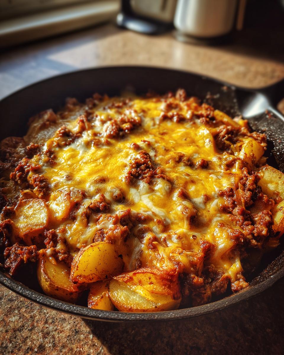 Close-up of Cheesy Taco Potatoes featuring roasted potato wedges topped with seasoned ground meat and melted cheddar cheese in a black skillet.