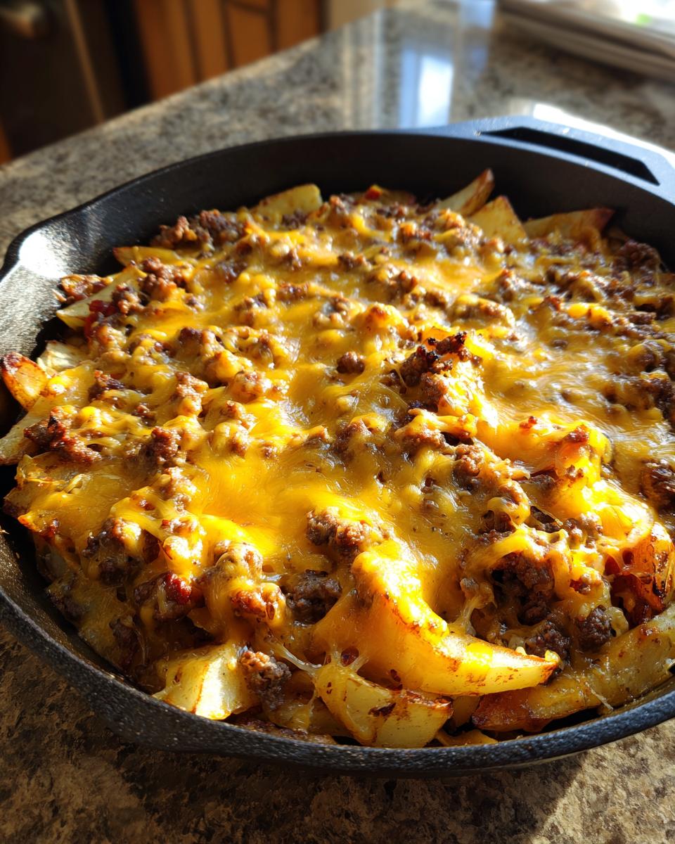 Close-up of Cheesy Taco Potatoes baked in a cast iron skillet, topped with melted cheddar cheese and seasoned ground beef.
