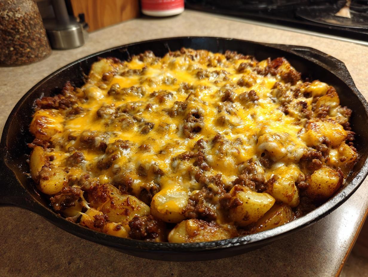 A cast iron skillet filled with Cheesy Taco Potatoes, featuring seasoned ground beef and melted cheddar cheese.