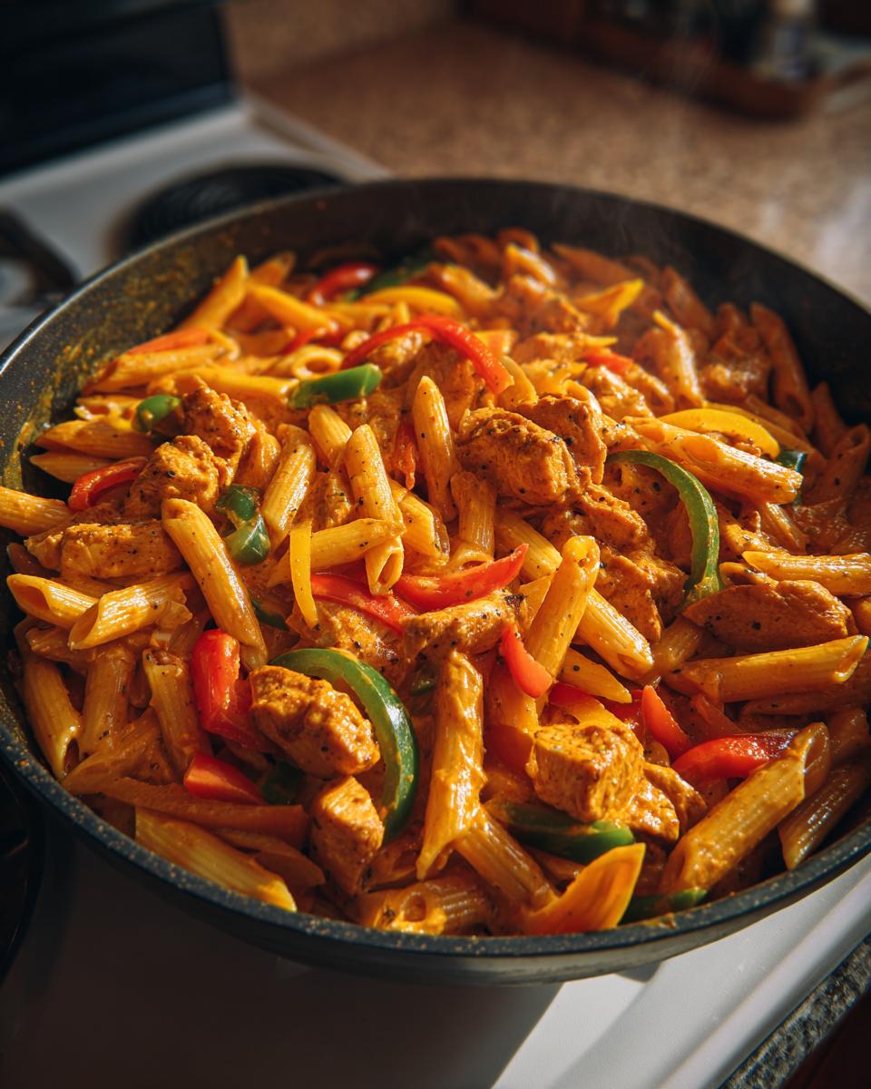 Close-up of steaming Rasta Pasta with chicken chunks and colorful bell peppers in a dark skillet.