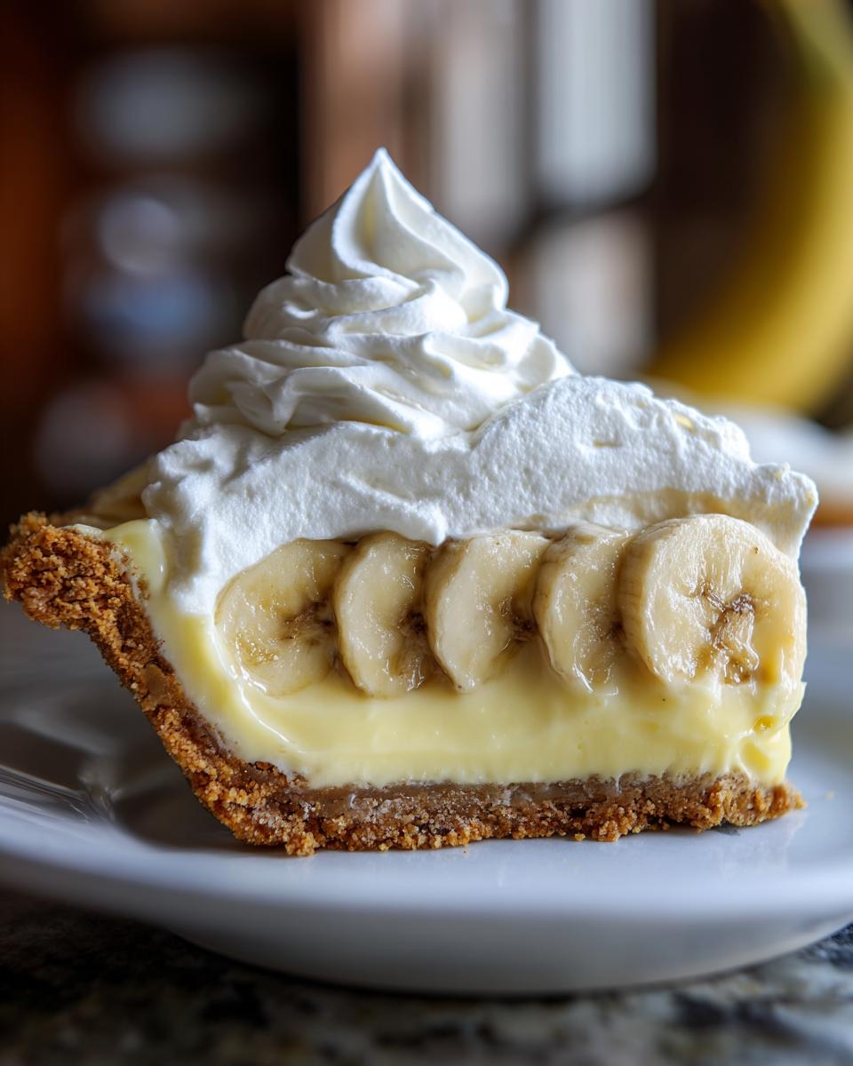 A perfect slice of banana cream pie showing a graham cracker crust, creamy filling, sliced bananas, and a tall swirl of whipped cream.
