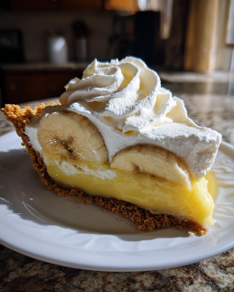 A delicious slice of banana cream pie featuring a graham cracker crust, thick vanilla custard, sliced bananas, and a swirl of whipped cream.